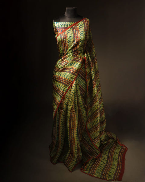 Mint Mirage Light Green Striped Pure Organza Silk Saree