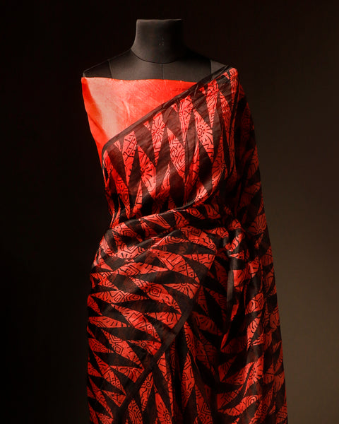 Sunset Noir Orange and Black Pure Organza Silk Saree