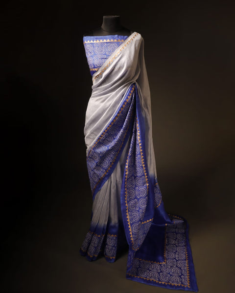 Uddup Breeze White and Blue Pure Dupion Silk Saree