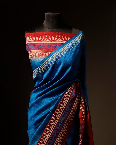 Tranquil Indigo Blue and Brown Pure Dupion Silk Saree