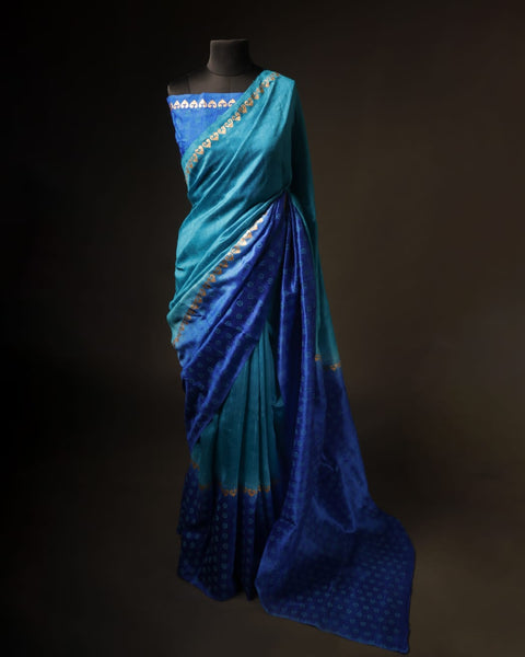 Twilight Sky Blue and Dark Blue Pure Dupion Silk Saree