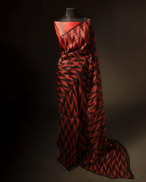 Sunset Noir Orange and Black Pure Organza Silk Saree
