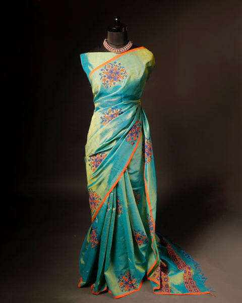 Pure blue with orange color Silk Cotton Saree