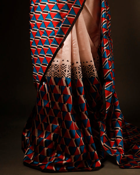 Pure Hand block Printed Stripe Beige Raw Silk saree