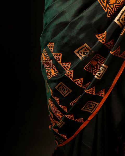 Harmony in Nature Green and Orange Handloom Silk Cotton Saree