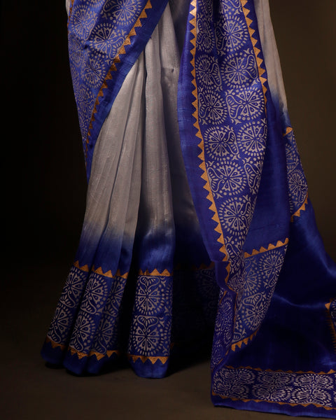 Uddup Breeze White and Blue Pure Dupion Silk Saree