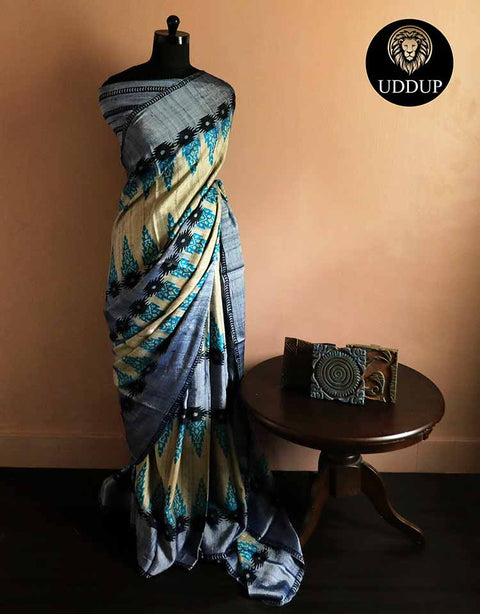 Pure Hand Block Printed Black Desi Tussar Silk Saree