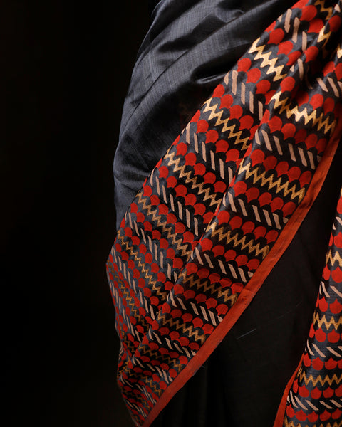 Scarlet Slate Grey and Red Handloom Silk Cotton Saree
