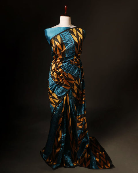 Pure Hand block Printed Blue and yellow Raw Silk saree