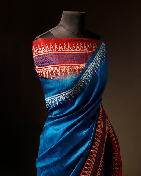 Tranquil Indigo Blue and Brown Pure Dupion Silk Saree