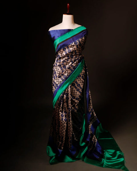 Pure Hand block Beige and blue Raw Silk saree