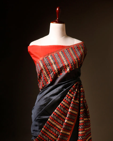 Scarlet Slate Grey and Red Handloom Silk Cotton Saree