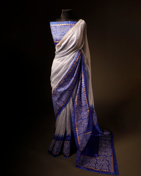 Uddup Breeze White and Blue Pure Dupion Silk Saree