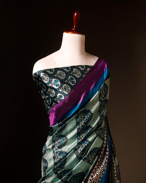 Pastel Light Green Multicolor Printed Pure Raw Silk Saree