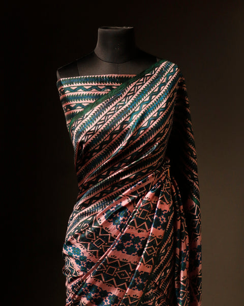 Sage Serenity Green and Beige Printed Pure Raw Silk Saree