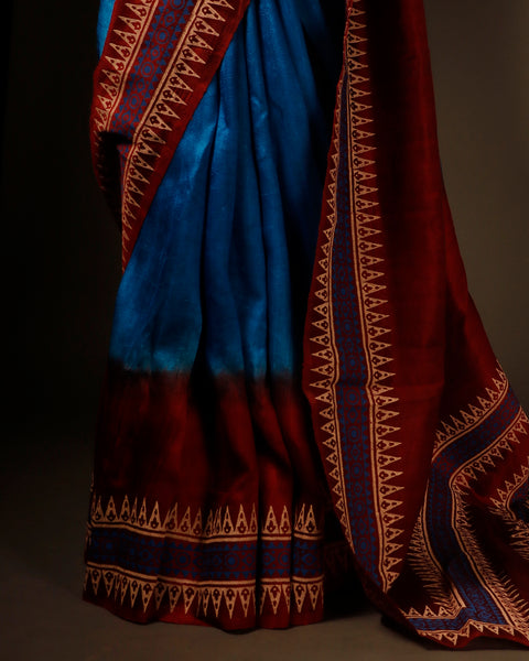 Tranquil Indigo Blue and Brown Pure Dupion Silk Saree