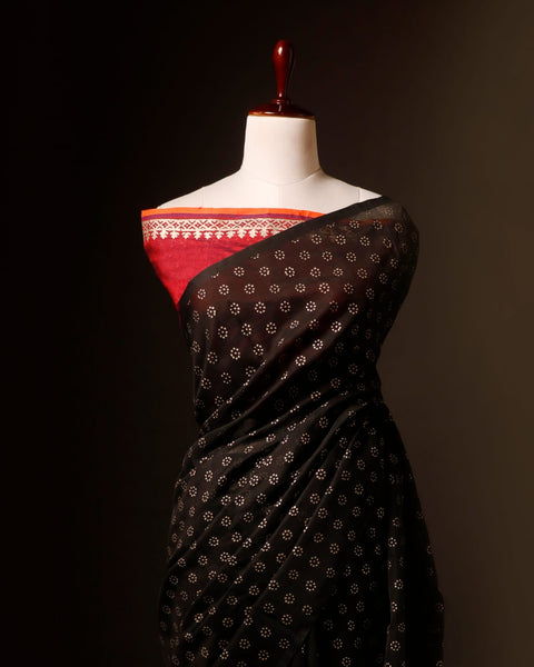 Pure Black and Red Silk Cotton Saree