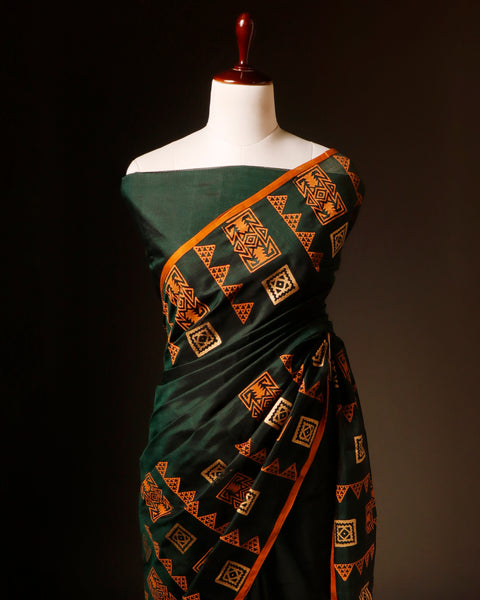 Harmony in Nature Green and Orange Handloom Silk Cotton Saree