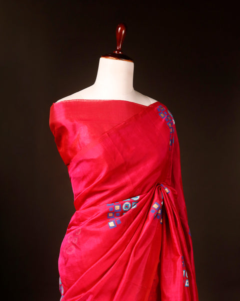 Pink with blue color Printed Silk Cotton Saree