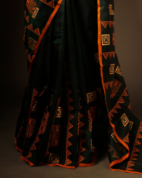 Harmony in Nature Green and Orange Handloom Silk Cotton Saree