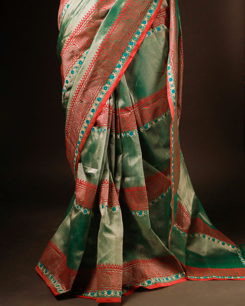 Light Green and orange Color Silk Cotton Saree