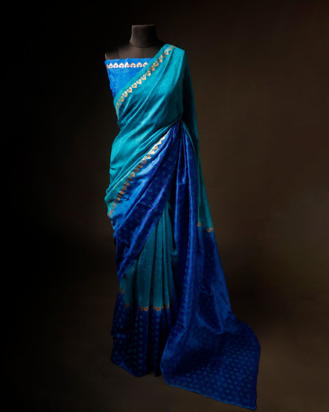 Twilight Sky Blue and Dark Blue Pure Dupion Silk Saree