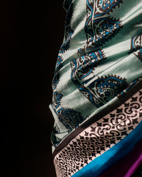 Pastel Light Green Multicolor Printed Pure Raw Silk Saree