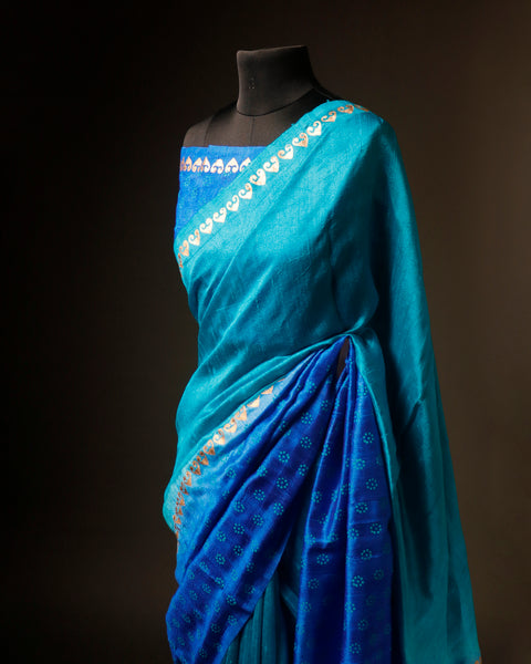 Twilight Sky Blue and Dark Blue Pure Dupion Silk Saree