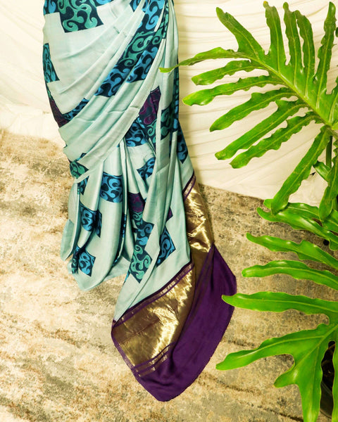 Pure Hand-Printed light Pista green Modal Silk Saree