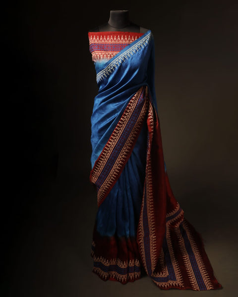 Tranquil Indigo Blue and Brown Pure Dupion Silk Saree