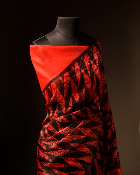 Sunset Noir Orange and Black Pure Organza Silk Saree