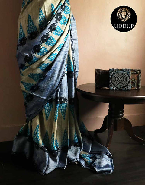 Pure Hand Block Printed Black Desi Tussar Silk Saree