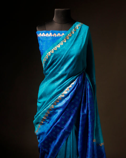 Twilight Sky Blue and Dark Blue Pure Dupion Silk Saree