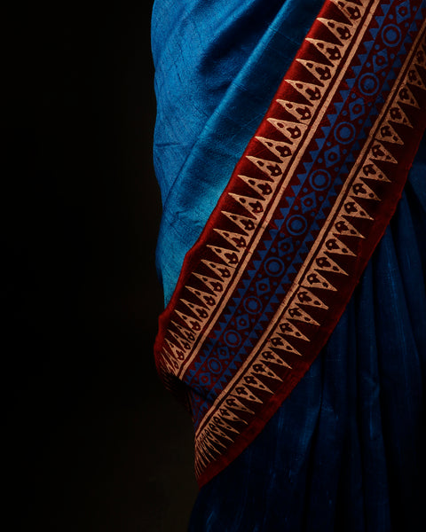 Tranquil Indigo Blue and Brown Pure Dupion Silk Saree