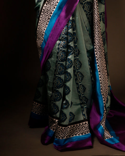 Pastel Light Green Multicolor Printed Pure Raw Silk Saree