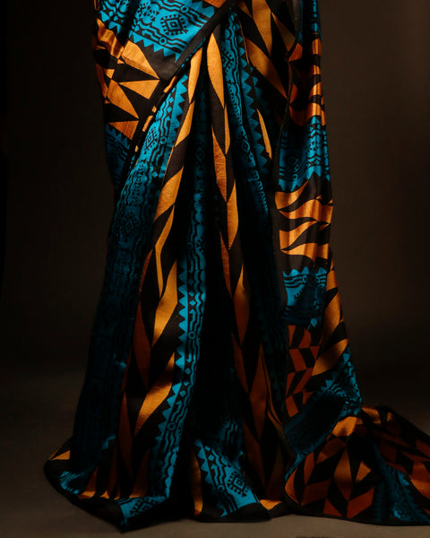 Pure Hand block Printed Blue and yellow Raw Silk saree