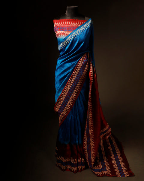 Tranquil Indigo Blue and Brown Pure Dupion Silk Saree