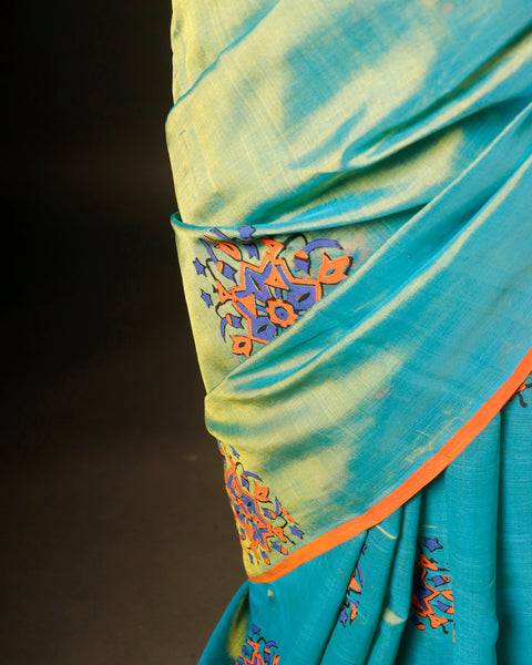 Pure blue with orange color Silk Cotton Saree
