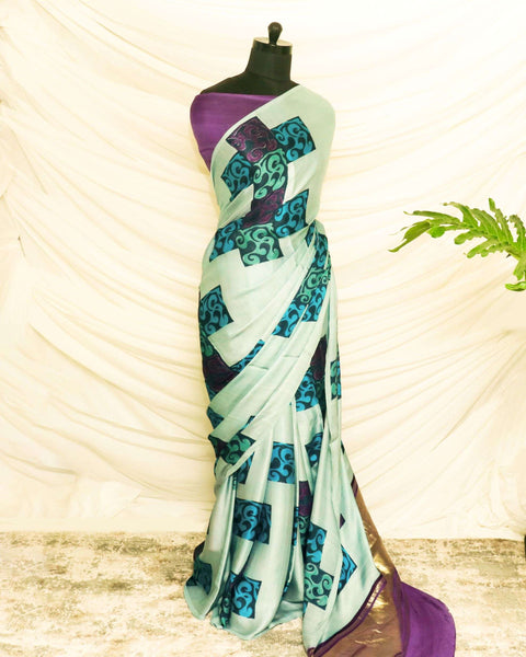 Pure Hand-Printed light Pista green Modal Silk Saree