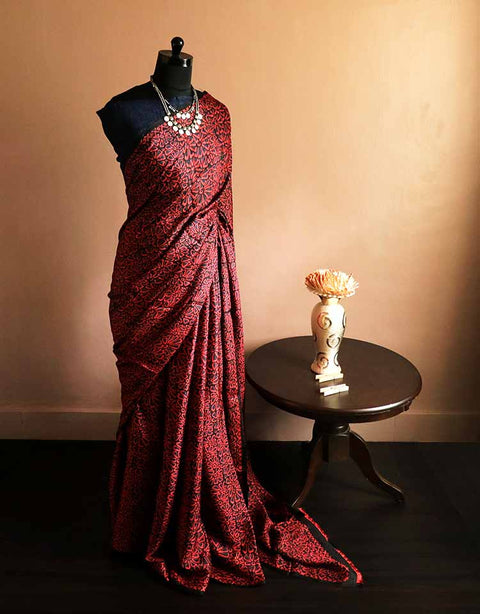 Pure Hand Block Printed Maroon Desi Tussar Silk Saree