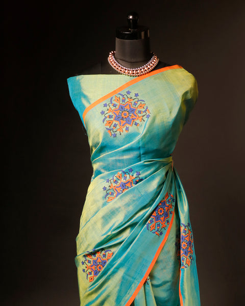 Pure blue with orange color Silk Cotton Saree