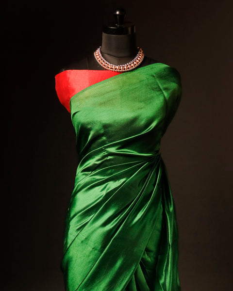 Pure Hand block Printed Parrot Green Silk saree