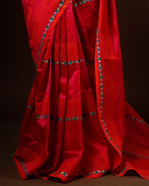 Pinkish Red Silk Cotton Saree