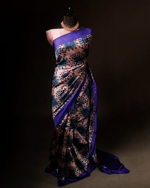 Pure Hand block Printed Dark Blue Raw Silk saree