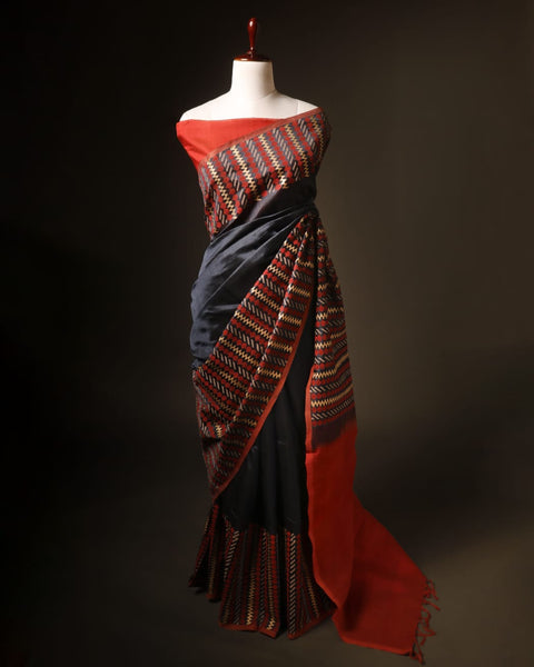 Scarlet Slate Grey and Red Handloom Silk Cotton Saree