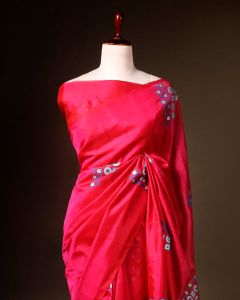 Pink with blue color Printed Silk Cotton Saree