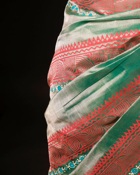 Light Green and orange Color Silk Cotton Saree