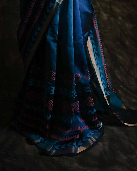 Pure Handloom Prussian Blue Silk Cotton Saree