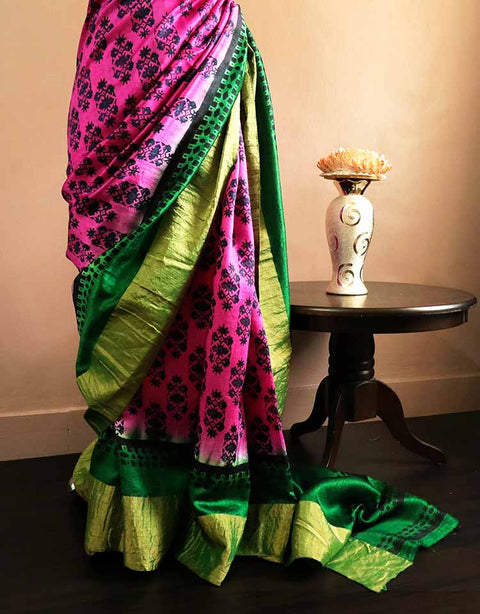 Pure Hand Block Printed Green and Pink Duppion Silk Sarees