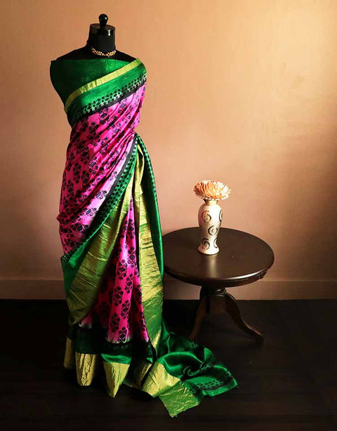 Pure Hand Block Printed Green and Pink Duppion Silk Sarees